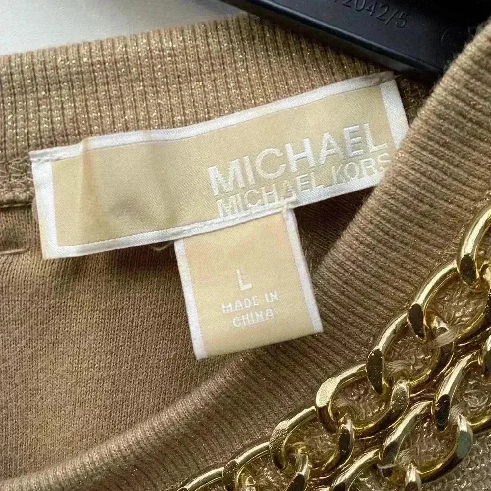 Micheal Kors Gold Chain Gold Shimmer Sweater Long sleeve Midi  Dress Size Large